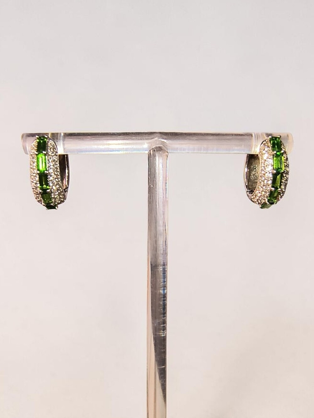 Sterling Silver, White Topaz And Green Gemstone Huggie Hoop Hinged Earrings